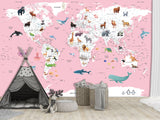 Print for Kids' Room Full Wall Self-Adhesive Wallpaper – Kids' World Map on Pink Background