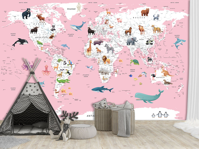 Print for Kids' Room Full Wall Self-Adhesive Wallpaper – Kids' World Map on Pink Background