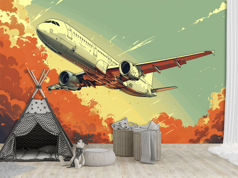 Self-Adhesive Wallpaper Art Design For Living Room, Office Full Wall "Red Clouds, Fast Wings of the Aircraft"