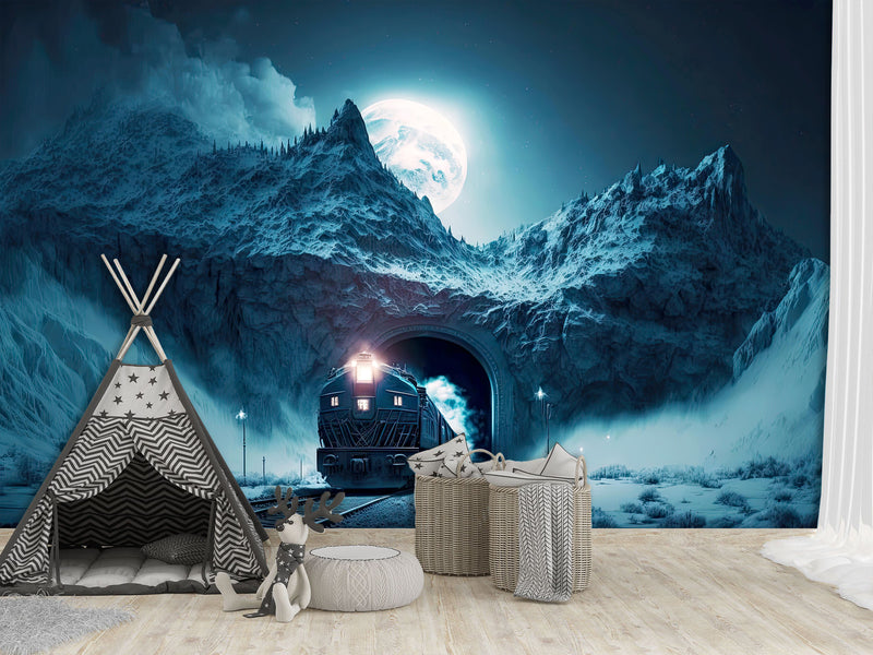 Full-Size Traditional Wallpaper Mural For Bedroom Or Living Room - Print Polar Express In Mountain Tunnel