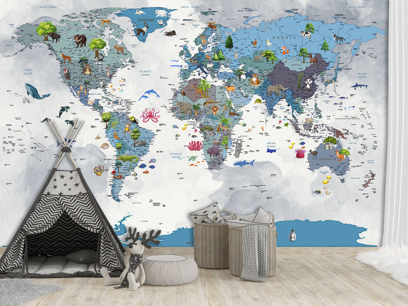 Full Wall Print For Kids Room – Peel and Stick Vinyl Mural Kids World Map With Animals
