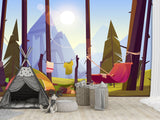 Non-Wowen Wallpaper Wallpaper For Toddlers – Camping In The Forest Cartoon-Style Kids Room Decor