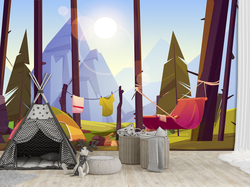 Non-Wowen Wallpaper Wallpaper For Toddlers – Camping In The Forest Cartoon-Style Kids Room Decor