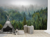 Peel and Stick 3d photo wallpaper Misty Forest Wallpaper – Foggy Woods Wall Mural for Nature-Inspired Interior Decor