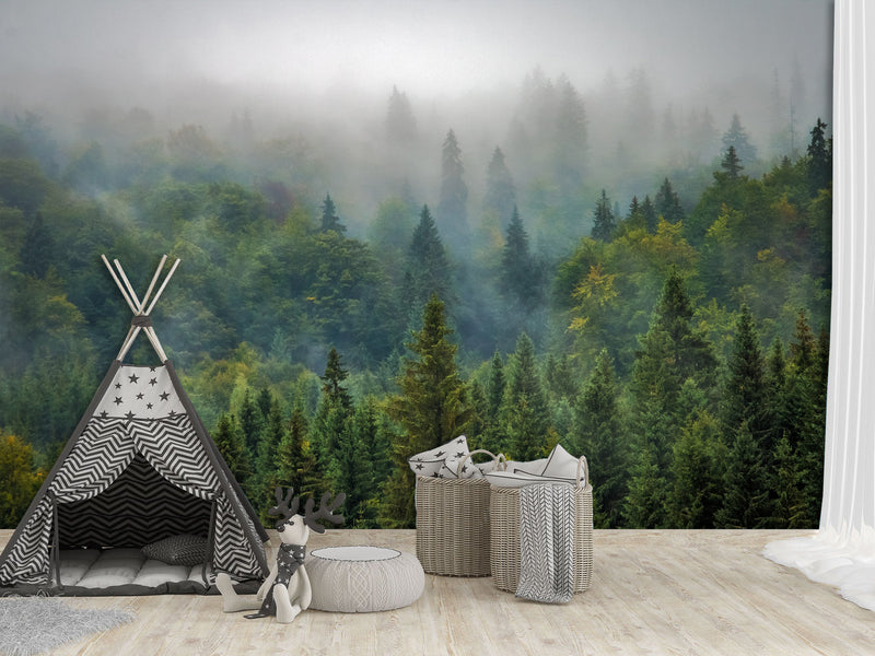 Peel and Stick 3d photo wallpaper Misty Forest Wallpaper – Foggy Woods Wall Mural for Nature-Inspired Interior Decor