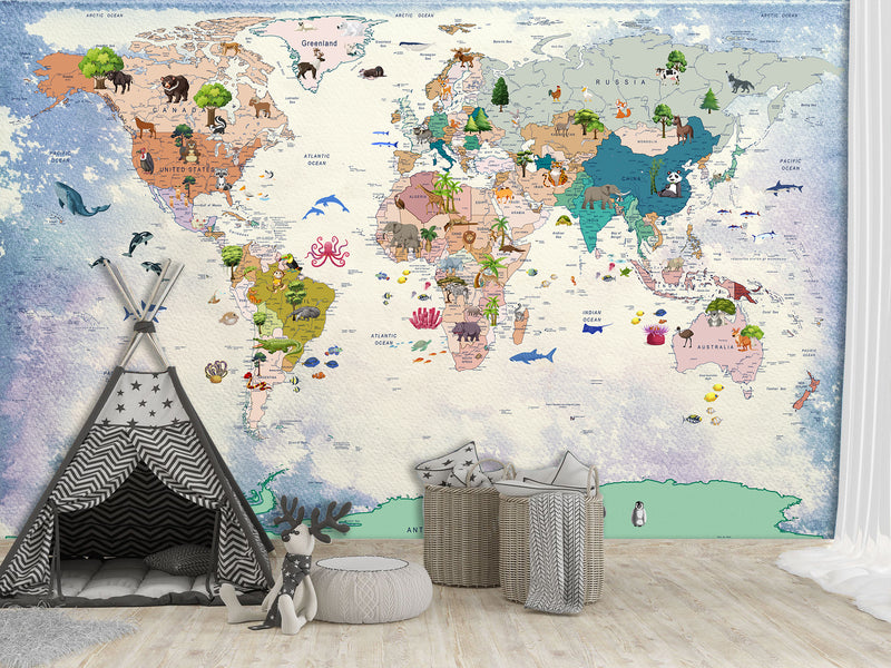 Decor for Kids room, Vinyl Wallpaper Peel and Stick with the pattern “Kids map of the world”