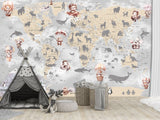 Decor for Kids room, Non-Woven Mural Wall-Sized Wallpaper "Kids' World Map With Hidden Animals"
