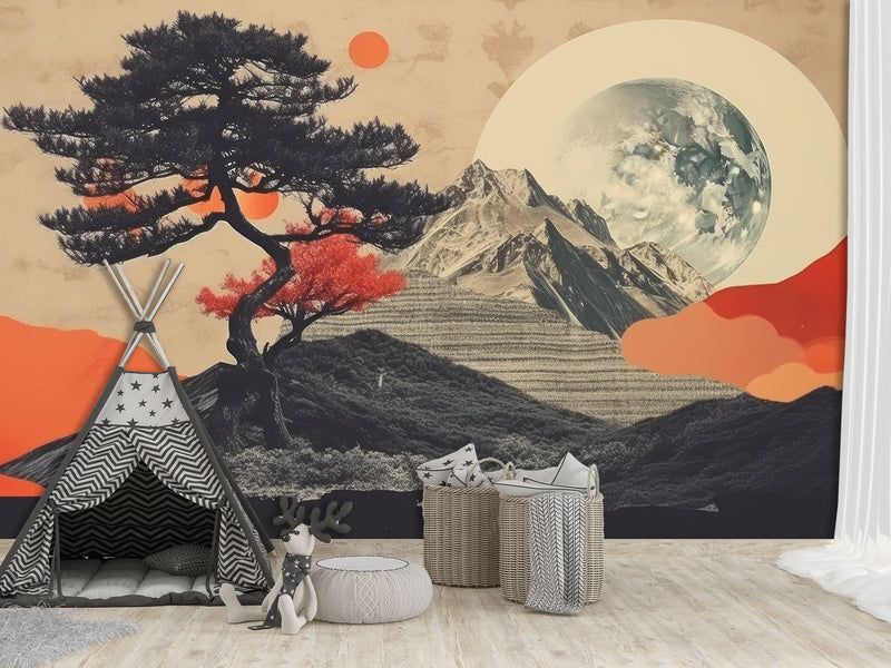 Traditional Full Wall Mural in Vintage Style, Modern Mountains and Moon for Bedroom, Hall 🌙🏔️