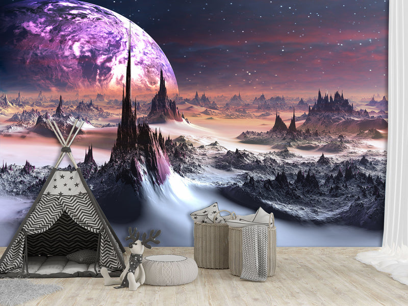Peel and Stik Mural Wallpaper For Teen Room – "Uncharted Cosmic Planet" Bedroom Decor