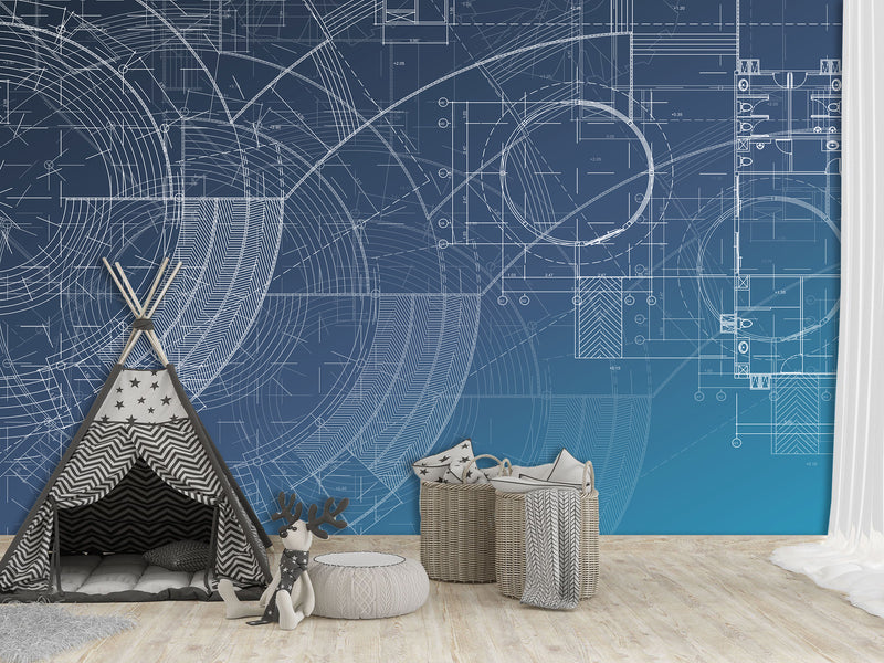 Peel and Stick Vinyl  Wall mural “Blueprint engineering " Wallpaper for For Office,  Home decor
