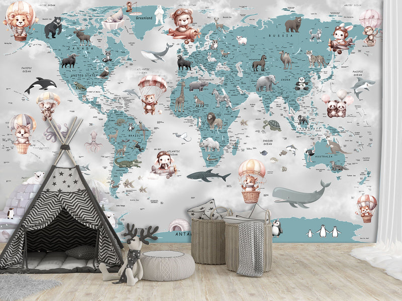 Decor for Kids room, Peel and Stick Vinyl with the pattern "Fun Educational World Map For Kids"
