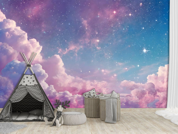 Fairy Tale Self-Adhesive Wallpaper For Kids, Artistic Style Wall Mural Design "Purple Pink Starry Sky" ✨
