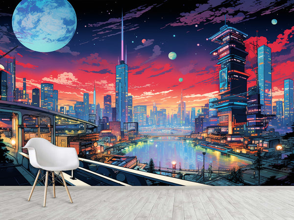 High-Quality Full-Wall Vinyl Wallpaper Peel and Stick for Office or Gym – "Cityscape Inspired by Anime", Modern Design Mural