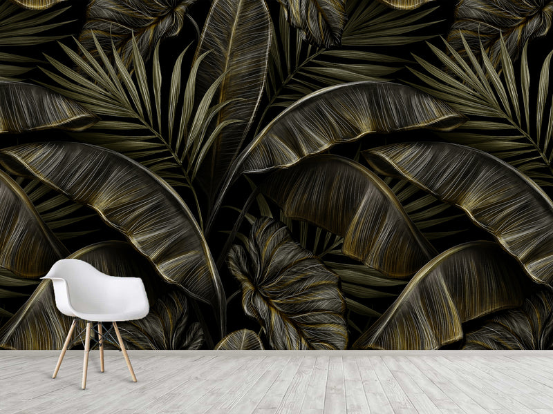 Floral Full-Wall Print Non-Woven Photo Wallpaper Tropical Design For Office Or Bedroom "Banana Leaves"