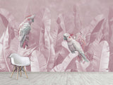 Tropical Pastel Botanical Print Peel and Stick Mural “Parrots in Palm Leaves” – Perfect for Decorating Bedrooms and Living Rooms