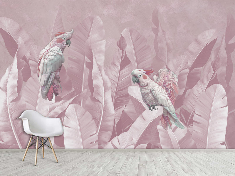Tropical Pastel Botanical Print Peel and Stick Mural “Parrots in Palm Leaves” – Perfect for Decorating Bedrooms and Living Rooms