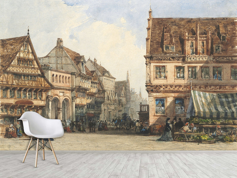 Traditional Full Wall Wallpaper – “William Wyld: A Street in Hanover” Living Room or Bedroom Print