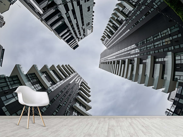 Urban Style Peel and Stick Full-Wall Wallpaper Looking Up at Skyscrapers Design for Living Room or Office