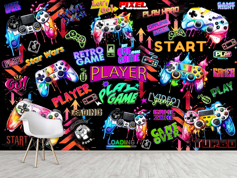 Modern Vibrant Vinyl Wallpaper Peel and Stick “Adrenaline of Victory” – Perfect for Video Game Lovers, Bedroom, Living Room, and Kids’ Room Desing