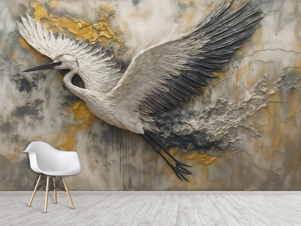 Non-Woven Wallpaper with Art Print "Flight of the Stork" — Artistic Wall Mural for Home Interior
