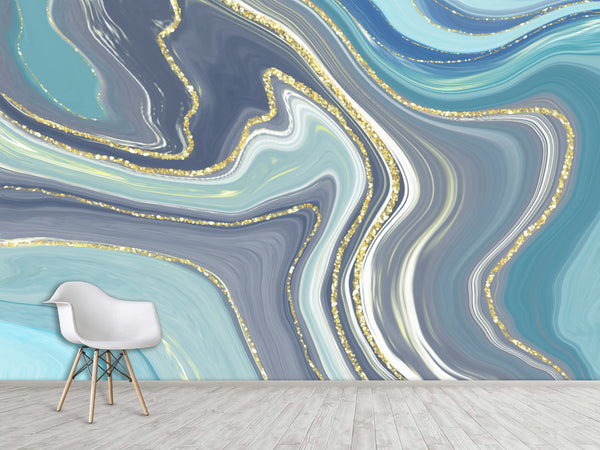 Abstract self-adhesive wallpapers for creating an art space, for office, living room "Gold and Blue Flow"