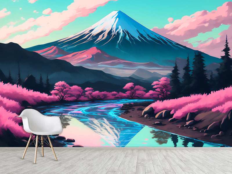 Artistic Design Vinyl Wallpaper Peel and Stick Wall Mural for Living Room, Office, Perfect for Creative Space "Mount Fuji in Anime Style" 🎨