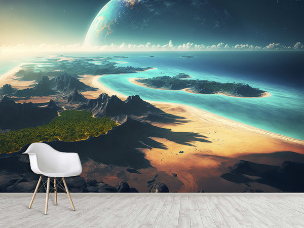 Fantastic Non-Woven Wall Murals “View of an Incredible Planet from the Beach” – Perfect for Bedroom or Living Room Design