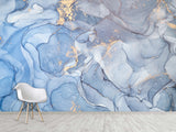 Peel and Stick Wallpaper Design For Lounge Area Or Home Office Mural “Gold And Blue Abstract Swirls”