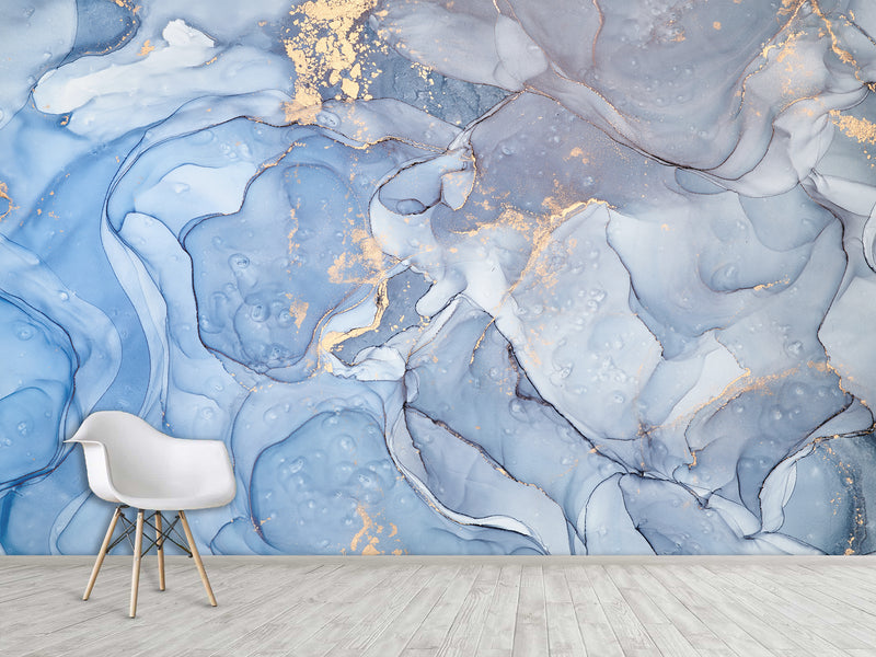 Peel and Stick Wallpaper Design For Lounge Area Or Home Office Mural “Gold And Blue Abstract Swirls”
