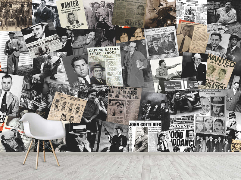 Peel and Stick vinyl Wall mural “Gangsters and the Mafia”, vintage wallpaper with images of criminal bosses" Wallpaper for For Office,  Home decor