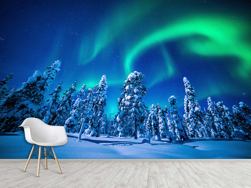 Non-Woven Full Wall Mural Wallpaper Northern Lights in a Winter Forest For Lounge Area, Bedroom, Or Reception
