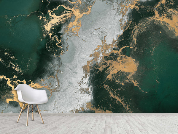 Art Print Accent Wall Self-Adhesive Wallpaper "Gray-Green Abstract Marble" – Decor for Bedroom, Living Room, Office