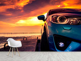 Non-Woven Photo Wallpaper Design For Gym, Living Room, Lounge Area "SUV On The Pier Lit By Sunset"