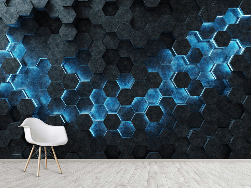 Non-Woven Wallpaper for Office & Home Workspace – Modern Wall Decor – Black-Blue Hexagons