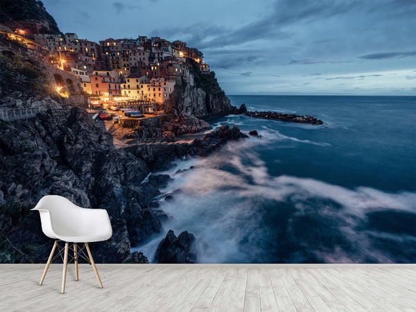 Unique Print For Home Design Self-Adhesive Wall Mural Full Wall Design For Living Room, Bedroom, Lounge Area "City On Sloping Mountains By The Sea"