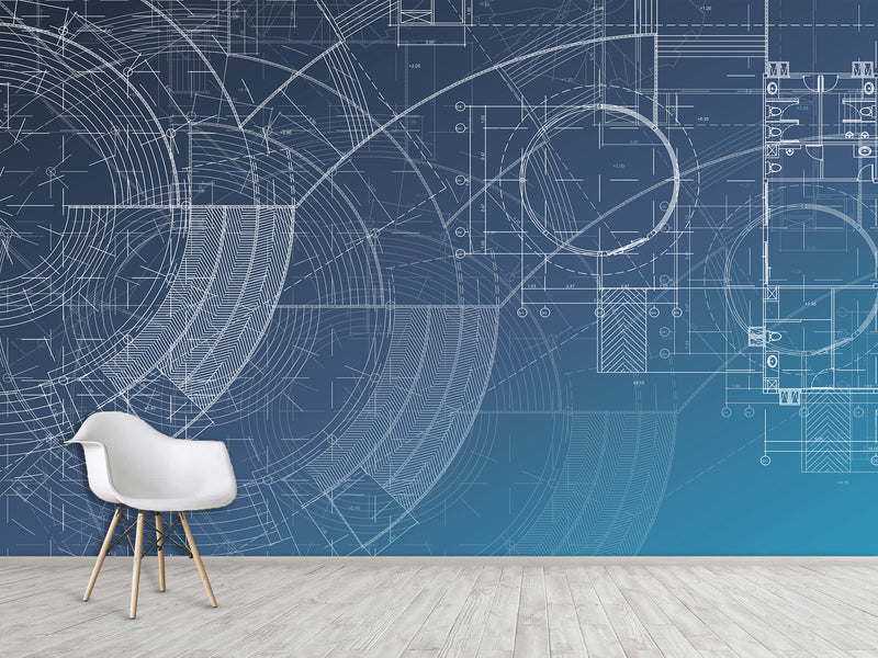 Peel and Stick Vinyl  Wall mural “Blueprint engineering " Wallpaper for For Office,  Home decor
