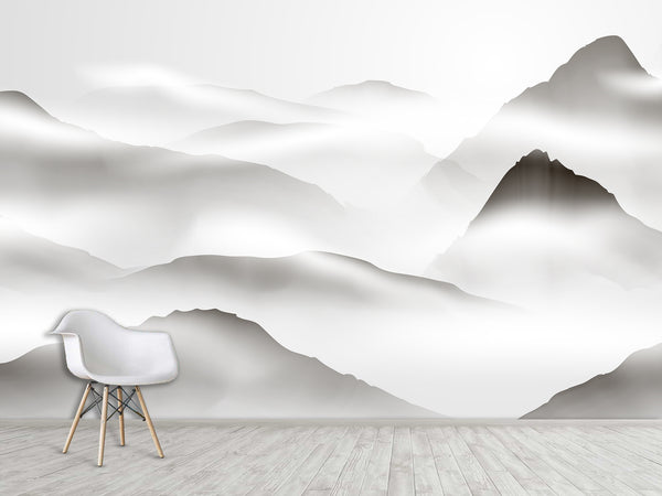 Natural Wall Mural, Calm Tones for Hall or Living Room, Non-Woven Full Wall Mural "Silhouettes of Mountains in Clouds" 🌄