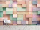 Calm Tone Wallpapers – Non-Woven Wall Murals, 3D Abstract Wallpaper "Colorful Wooden Cubes", Decor for Bedroom, Living Room, Kids' Room