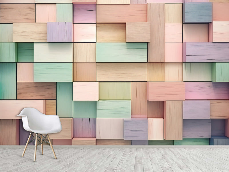 Calm Tone Wallpapers – Non-Woven Wall Murals, 3D Abstract Wallpaper "Colorful Wooden Cubes", Decor for Bedroom, Living Room, Kids' Room