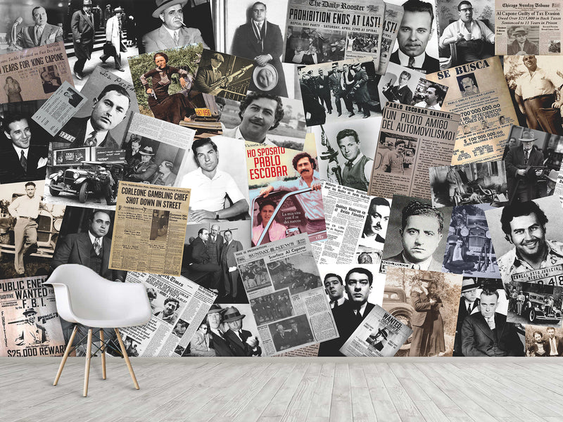 Traditional Mural Wallpaper for Gym, Office, or Lounge – "Gangster Poster Collage", Vintage Wallpaper Featuring Crime Bosses