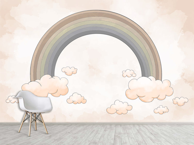 Non-Woven Wallpaper Kids Room Design – Rainbow Among Pink Clouds, Wall Decor For Boys And Girls