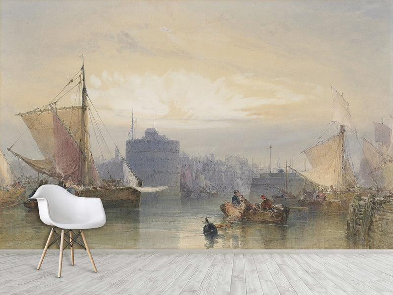Self-Adhesive Wall Mural Full Wall Accent Wallpaper for Living Room or Bedroom Design "Fishing Boats Waiting for the Tide, Port of Havre"