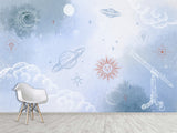 Self-Adhesive Wallpaper Made from Eco-Friendly Materials for Bedroom, Living Room, and Kids' Room “Planets, Moon, and Sun in the Clouds”