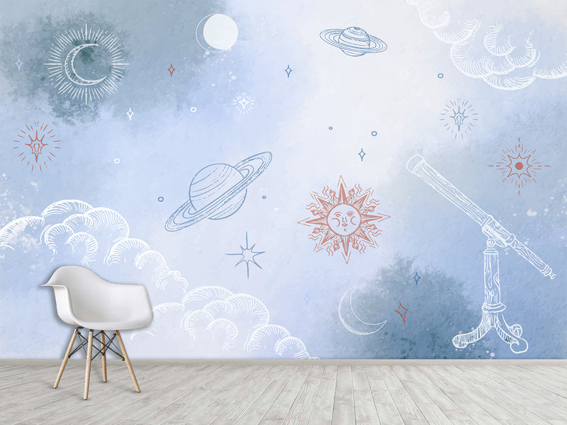 Self-Adhesive Wallpaper Made from Eco-Friendly Materials for Bedroom, Living Room, and Kids' Room “Planets, Moon, and Sun in the Clouds”