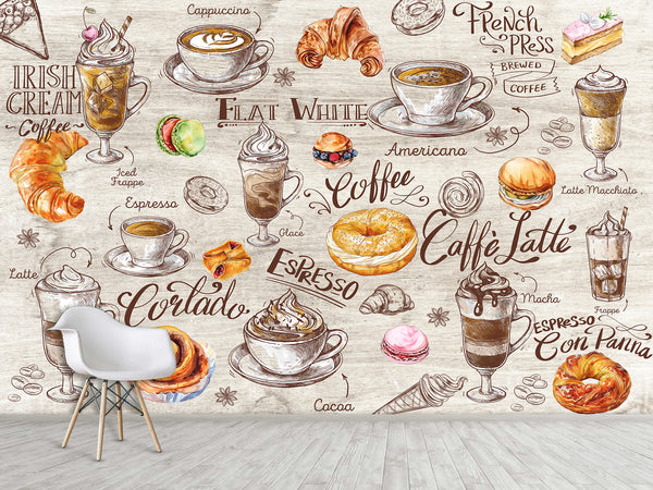Modern Non-Woven Mural Wallpaper, Vibrant Full-Wall Mural for Kitchen or Café Decor “Coffee and Dessert”