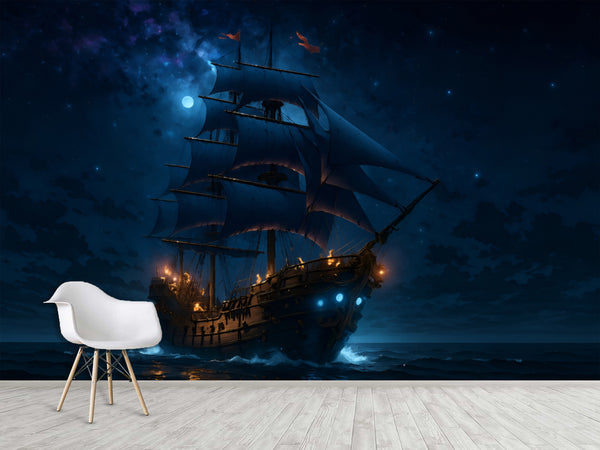 Sea Print Peel and Stick Wall Mural for Office, Living Room, Hall "Ship in the Moonlit Night" 🌙