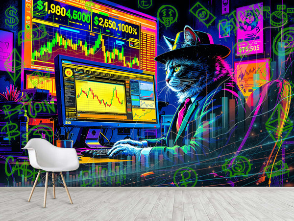 Strategy And Development Vinyl Wallpaper Peel and Stick "Holographic Hacker Cat", Desing For Bedroom And Office