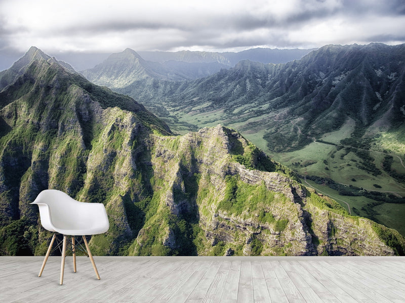 Motivational Art Print for Relaxation, Vinyl Wallpaper Peel and Stick Mural for Living Room 'Mountains from Above', 3D Wall Mural