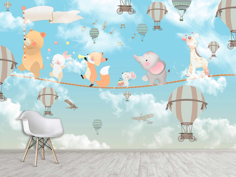 Non-Woven Photo Wallpaper for Kids' Room Circus Animals on a Rope Soft & Gentle Design