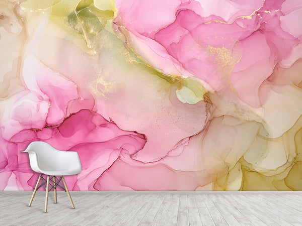 Pink and Green Abstract Intertwining. Self-Adhesive Wallpaper Art Print for Walls. Unique Abstraction Décor for Living Room or Hall "Abstract Flower Petal" 🌸